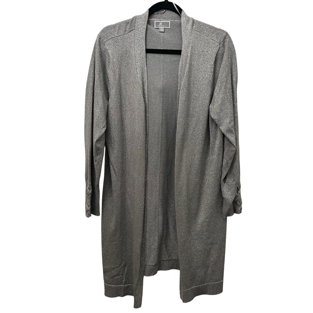 JM Collection Silver Metallic Lurex Duster Cardigan Open Front Tab Sleeve XL